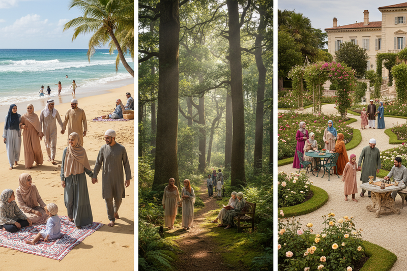 beach, forest, villa garden, split view of all three; Muslim community living happily