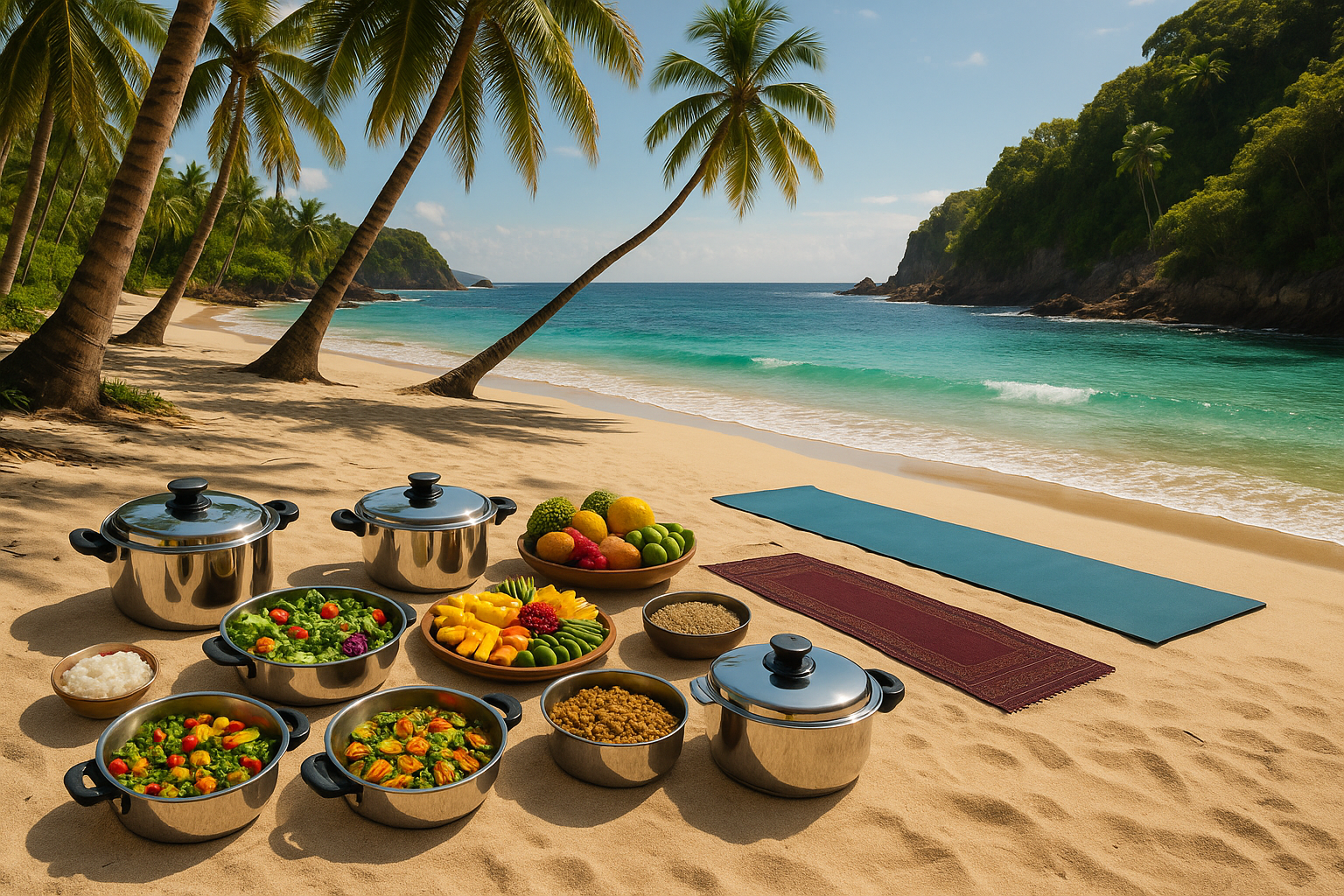 Outdoor scene at the beach in a beautiful place: Healthy saladmaster cookware with good food on the side, exercising and control your environment for a healthy mindset. No people